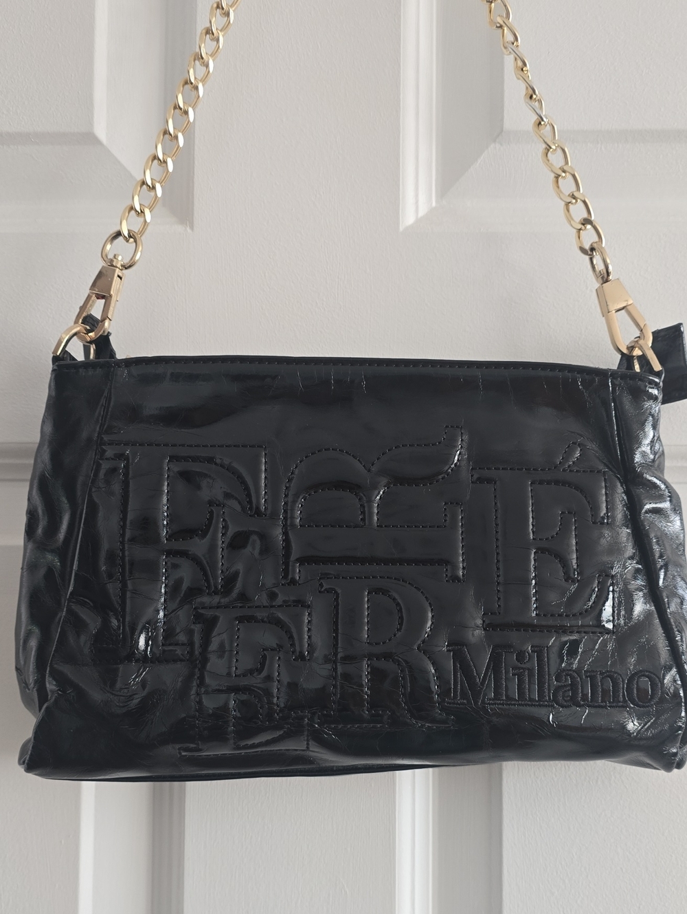 Black Patent Shoulder Bag with Gold Chain Strap